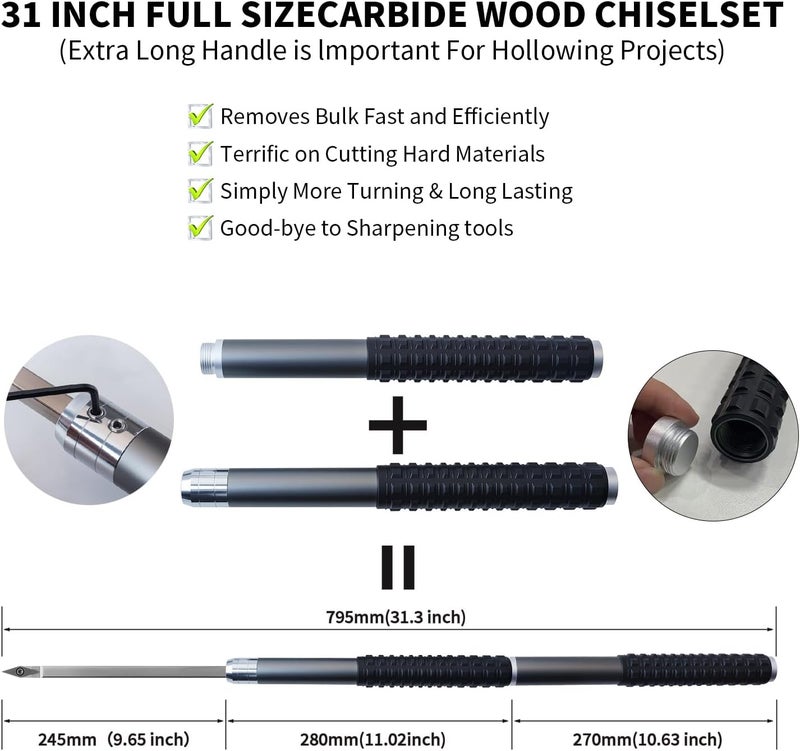RUITOOL Carbide Wood Lathe Turning Tools Set with Bowl Sander, Including Swan Neck Hollower, Rougher, Finisher, Detailer, 1" & 2" Mandrels, Sandpapers and Aluminum Alloy Handles for Woodturning - Image 3